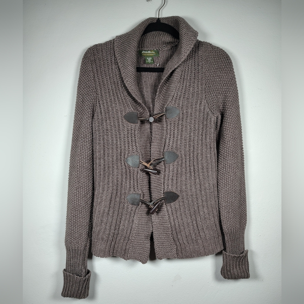 Eddie Bauer Vintage Gray Knit Cardigan Sweater Leather Toggles 10% Angora Sz S